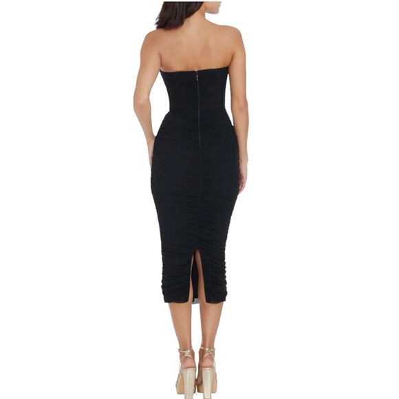 Dress The Population Ruched Strapless Midi Dress Medium Bodycon Black - Picture 3 of 16